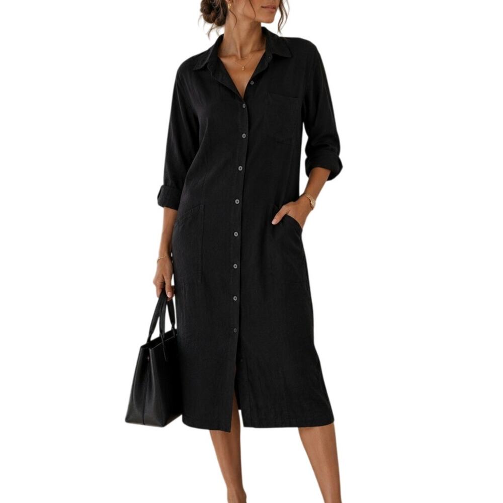 Boden Cotton Midi Shirt Dress Pockets Size 6 Black Minimal Office Capsule Casual